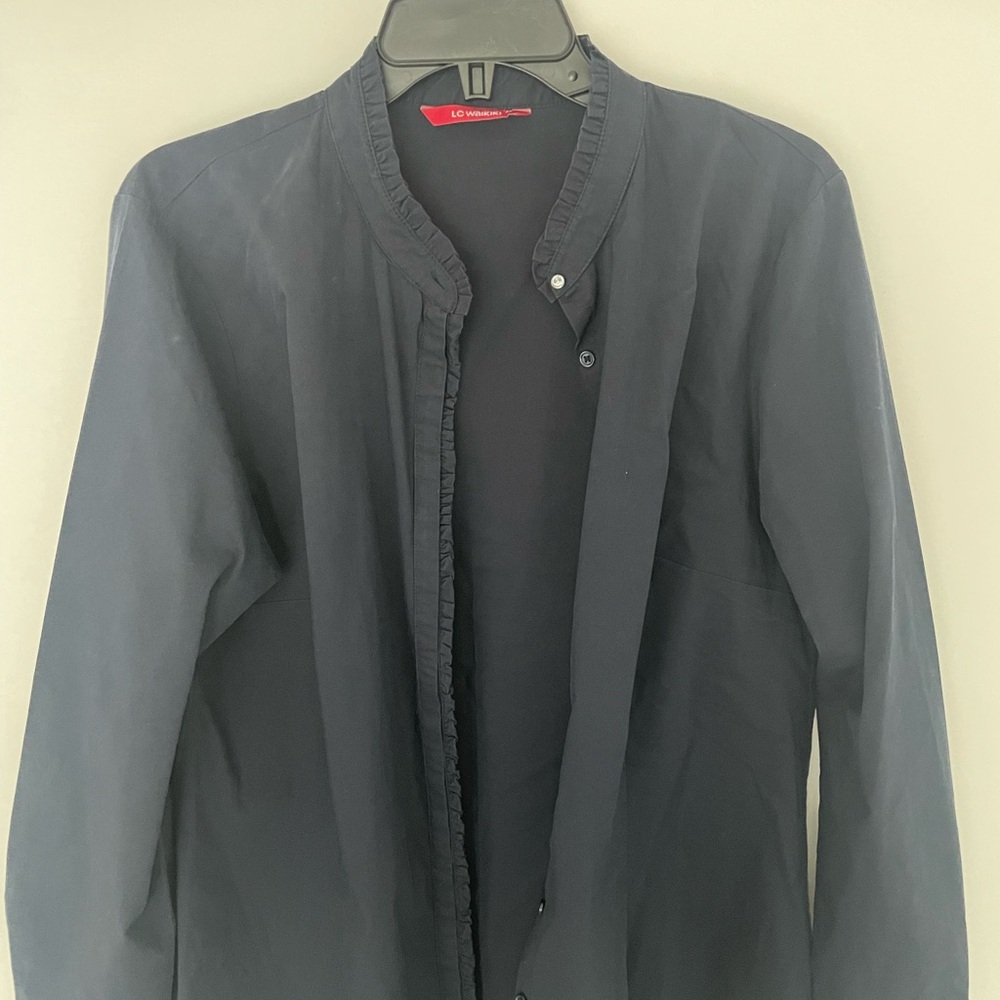 Blue Blouse with Stand-Up Collar and Minimalist Design